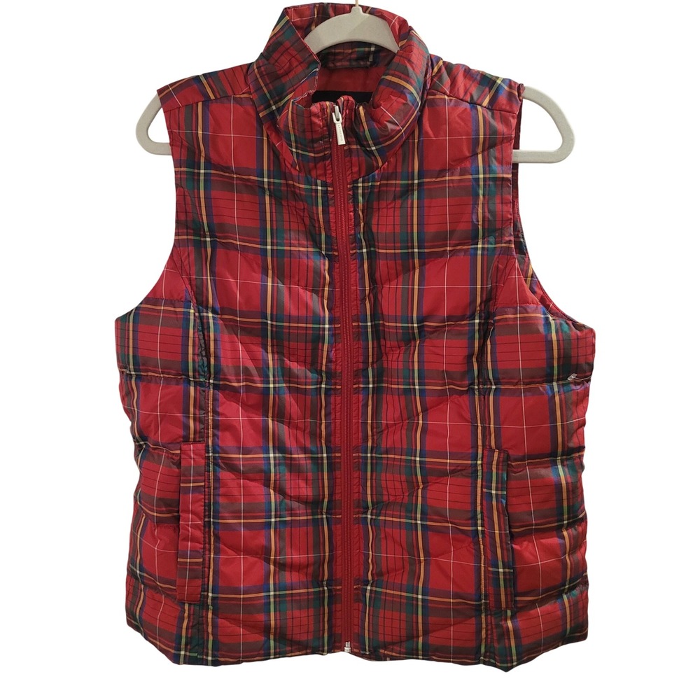 Lands End Mens Red Tartan Plaid Down Puffer Vest Full Zip Medium 10-12 Quilted